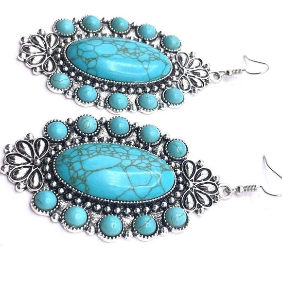 Silver with Blue Turquoise Boho Southwestern Native Hook Earrings - Picture 3 of 6